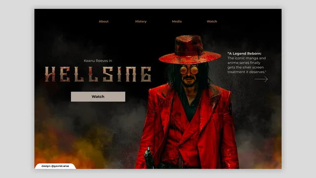 Dark cinematic website design featuring a character in a red coat
